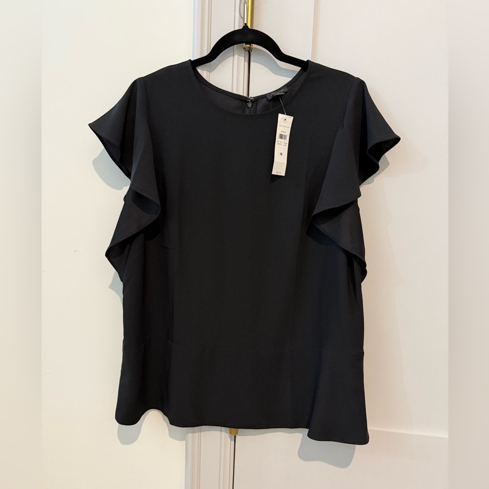 Ann Taylor Black Flutter Sleeve Blouse. NWT. Size 16. Back Zip.